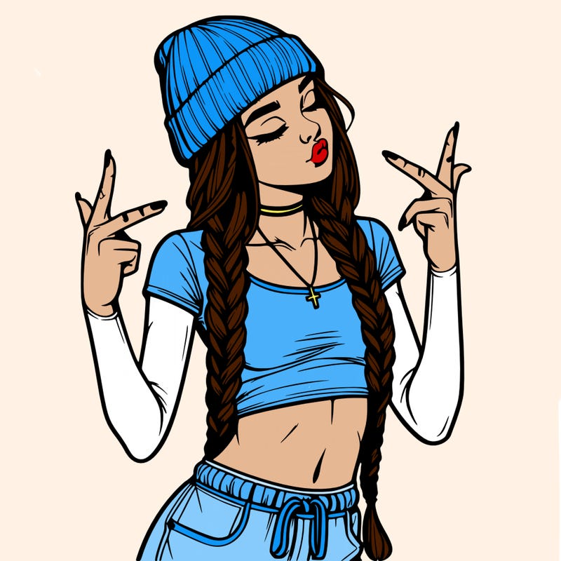 realistic teenage girl with braids and a beanie and crop top doing 🫶🏼