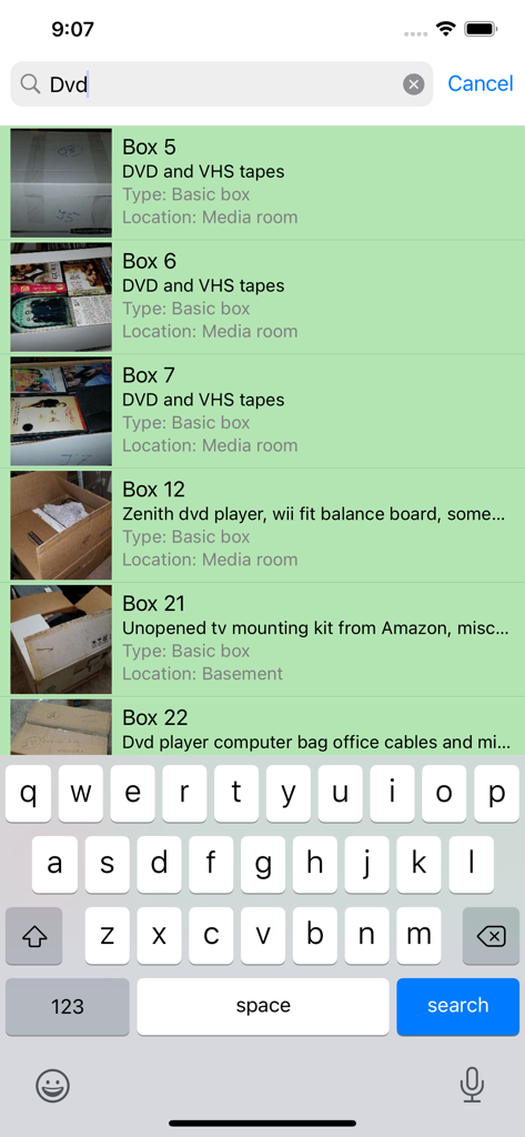 Moving Organizer Pro - Search interface of Moving Organizer Pro showing a list of inventoried boxes with photos and locations for DVD items