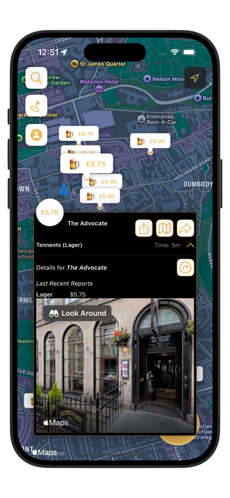 Tap Map App - Interface de Tap Map App montrant une carte avec des étiquettes de prix de bière et des détails sur le pub pour The Advocate