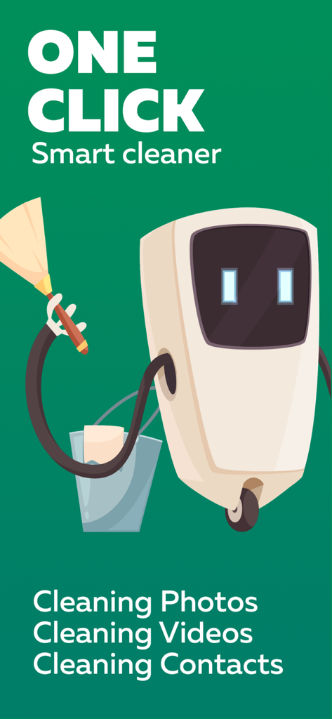 Smart Cleaning to Boost Mobile - ほうきとバケツを持ったフレンドリーなロボットのマスコット。写真、動画、連絡先を管理するワンクリックスマートクリーニングアプリです