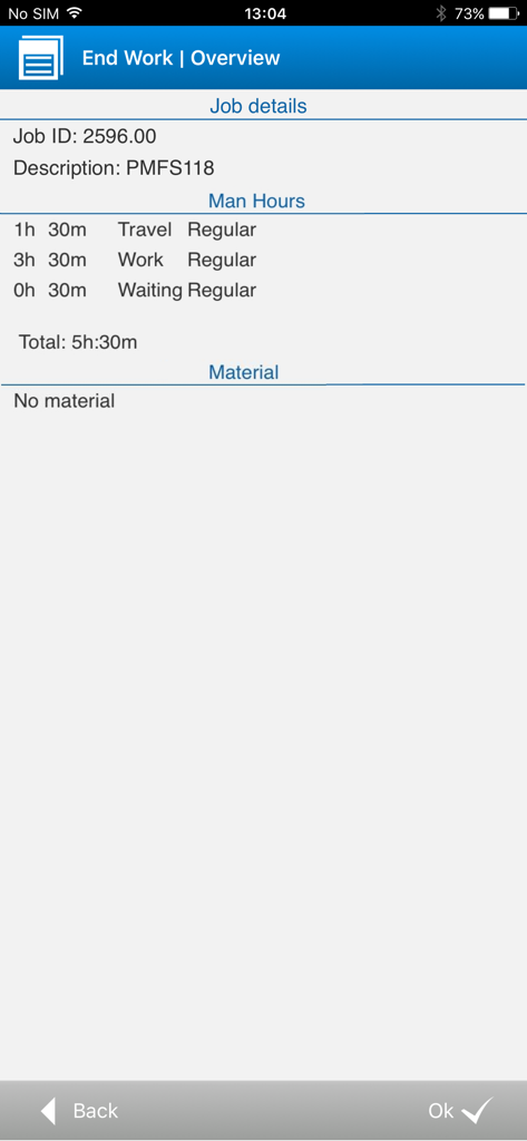 Tela de visão geral de conclusão de trabalho do aplicativo móvel Planon mostrando detalhes do trabalho e total de horas registradas.