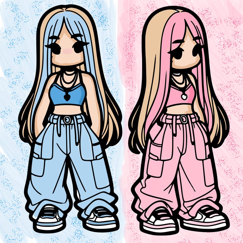 girl in baggy pants crop top and long hair