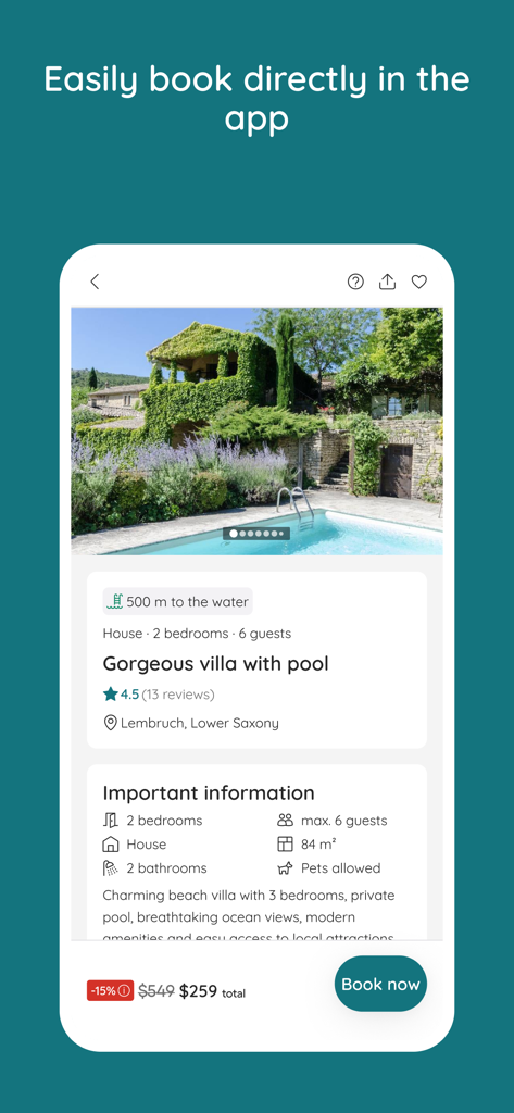 e-domizil - Écran de smartphone de l'application e-domizil montrant une annonce pour une magnifique villa avec piscine et un bouton de réservation directe.
