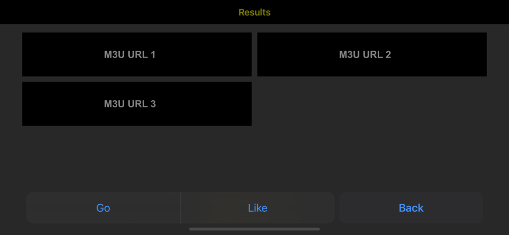 Interfaz de la aplicación Universe Go que muestra una pantalla de selección para múltiples listas de reproducción de URL M3U con botones de navegación