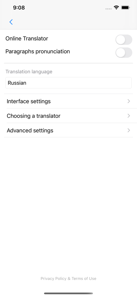 Smart Book - Settings screen of the Smart Book app showing translation and pronunciation configuration options