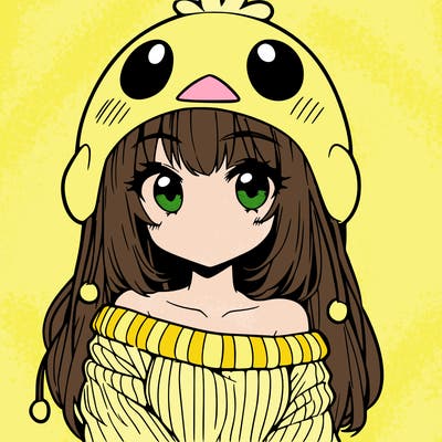 anime girl with chick shaped hat with sweater with bare shoulders with bangs covering them one eye with low tail