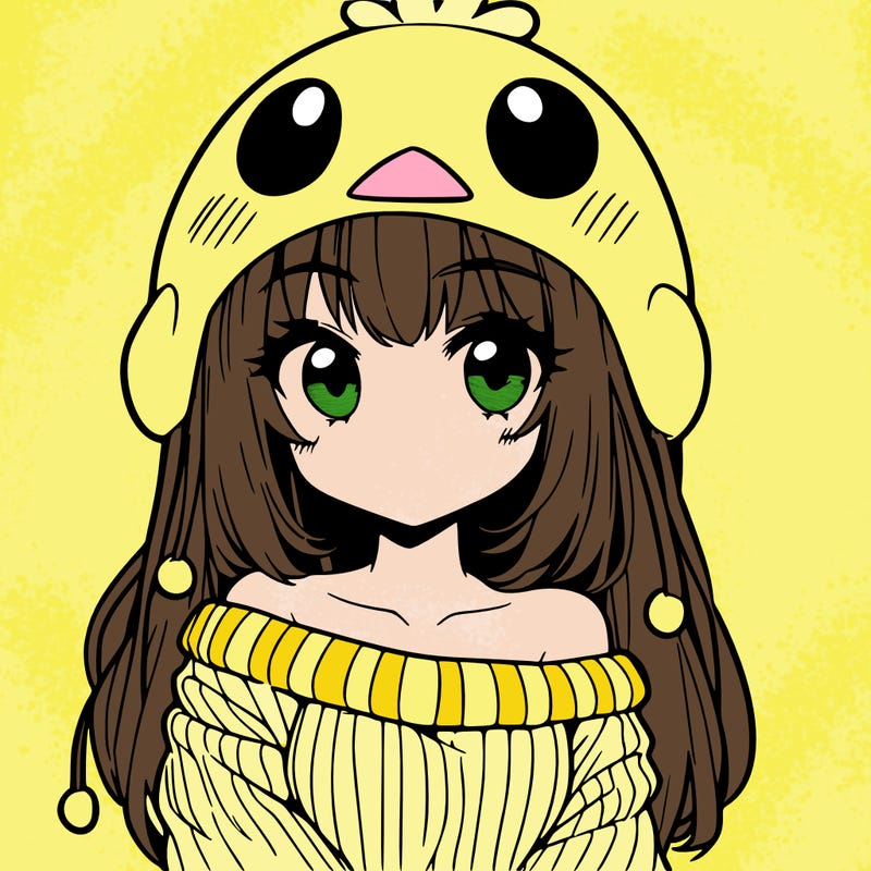 anime girl with chick shaped hat with sweater with bare shoulders with bangs covering them one eye with low tail