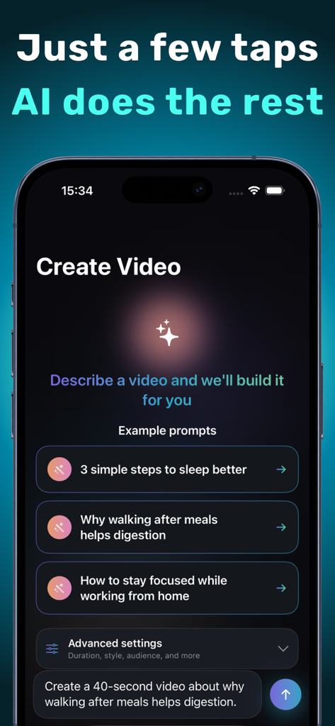 OneClip app interface showing the Create Video screen with AI text prompts and example suggestions.