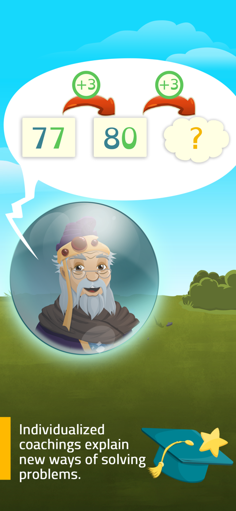 Ein Gelehrtencharakter erklärt eine mathematische Zahlenreihenaufgabe in der App Meister Cody Talasia.