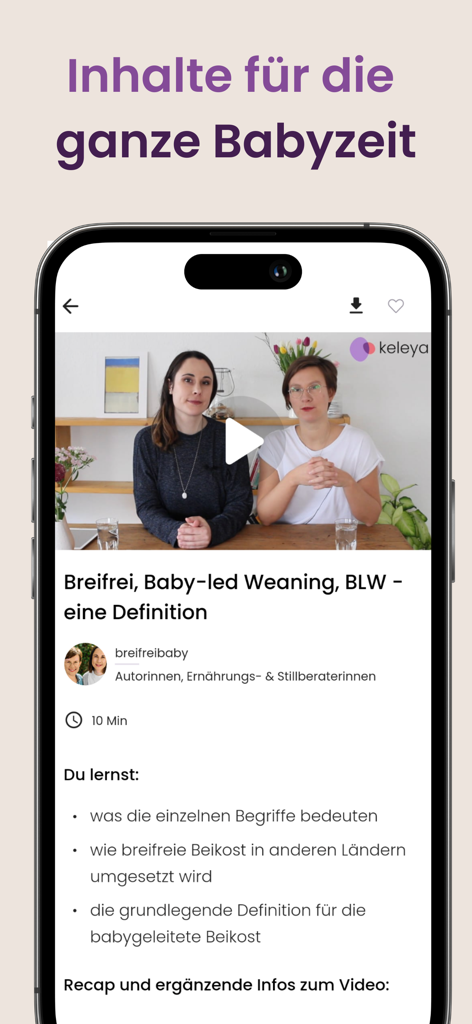 A smartphone screen displaying a video lesson about Baby-led Weaning in the Keleya Mama app