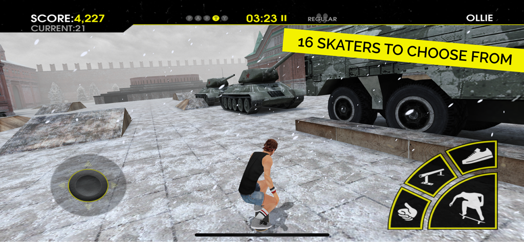 Gameplay screenshot of Skateboard Party 3 showing a skater in a snowy Moscow location with tanks in the background.