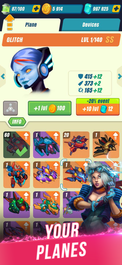 Schermata di selezione degli aerei in HAWK Giochi di aerei spaziali con vari jet da combattimento e il personaggio Glitch con opzioni di potenziamento