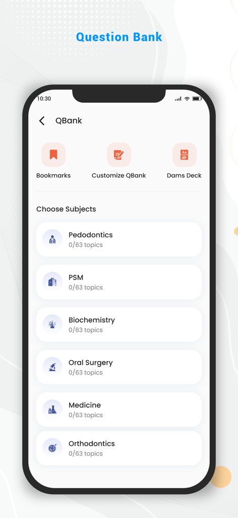 DAMS | NEET PG, FMGE - DAMS mobile app screen showing a question bank with various medical subjects like biochemistry and medicine