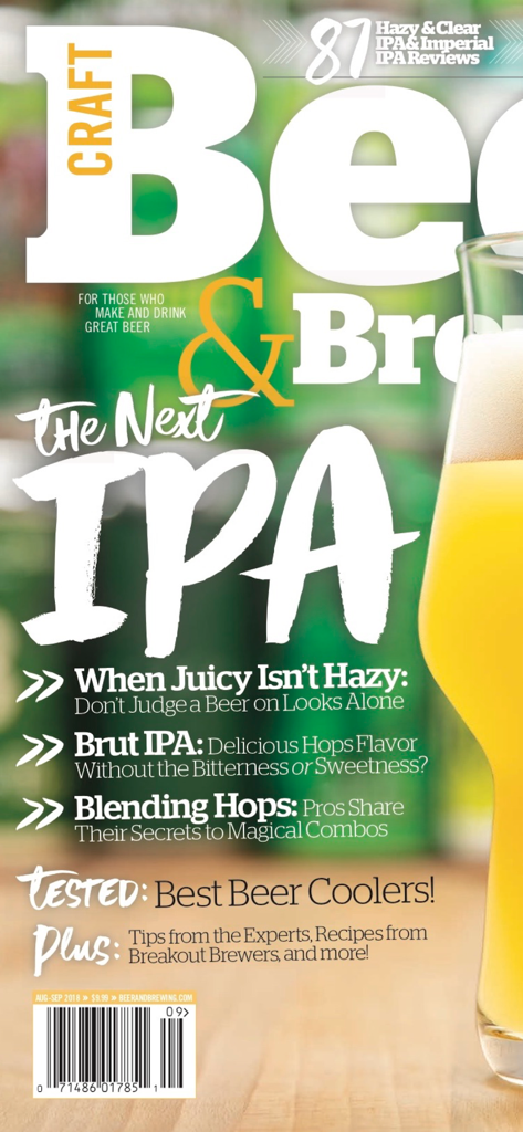 Craft Beer & Brewing Magazine - The Next IPA라는 큰 제목과 황금색 흐릿한 맥주 한 잔이 특징인 Craft Beer and Brewing Magazine의 표지.