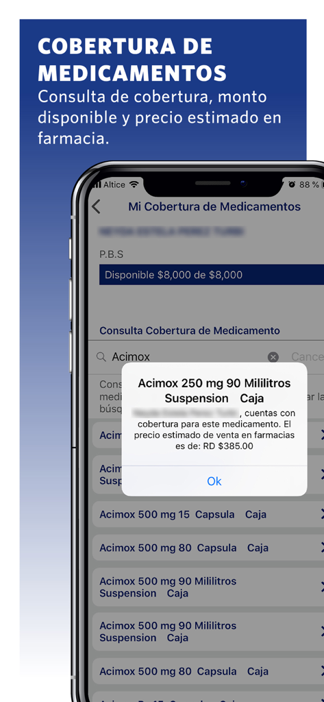 Interfaz de la aplicación móvil para consultar cobertura de seguro de salud y precios de medicamentos