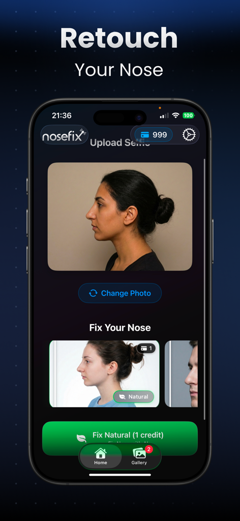 Nose Editor Fixer Reshape AI - Mobile app interface for AI nose reshaping and rhinoplasty simulation