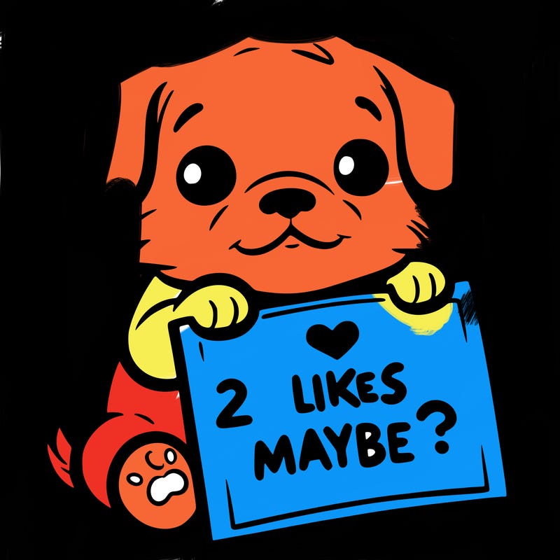 a puppy holding a sign that says 2 likes maybe?