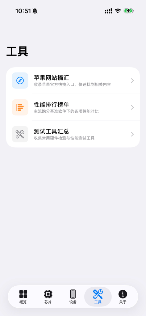 Device Lab - Device Lab app tools menu showing options for apple website resources performance rankings and hardware testing tools