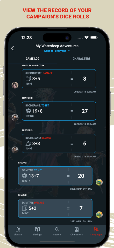 D&D Beyond - Aplicativo D&D Beyond exibindo um registro de rolagens de dados de personagens e resultados de combate em um log de jogo.