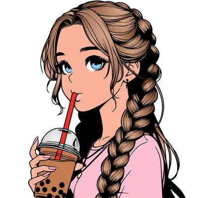 realistic girl with braided hair drinking boba