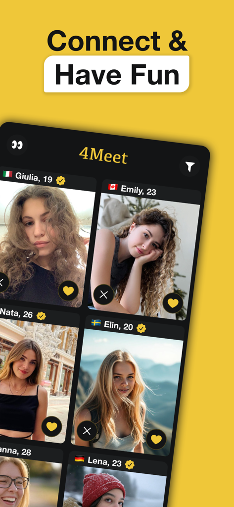 Interracial Dating – 4Meet - A screenshot of the 4Meet dating app interface showing a grid of diverse user profiles with names, ages, and country flags.