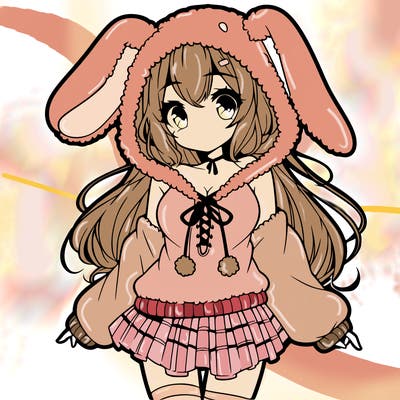 pretty anime girl wearing a fluffy hoodie with bunny ears on the hood and a skirt
