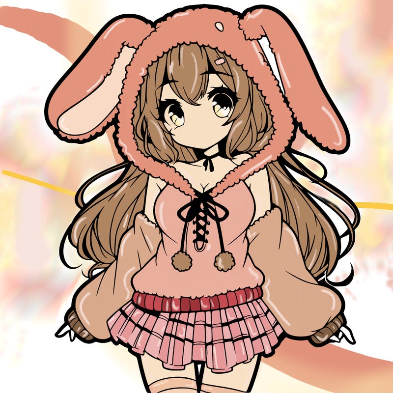 pretty anime girl wearing a fluffy hoodie with bunny ears on the hood and a skirt