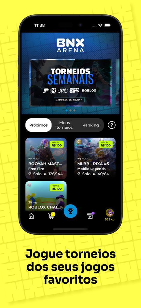 Écran de l'application Bonoxs affichant les tournois hebdomadaires BNX Arena pour les jeux mobiles populaires