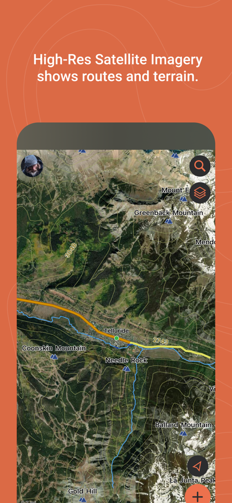 Garmin Explore™ - Imágenes satelitales de alta resolución que muestran rutas y terreno montañoso en la aplicación Garmin Explore