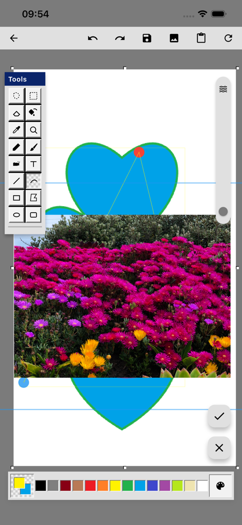 Ms Paint - 꽃 사진 위에 그림 도구와 하트 모양이 표시된 Ms Paint 모바일 앱 스크린샷