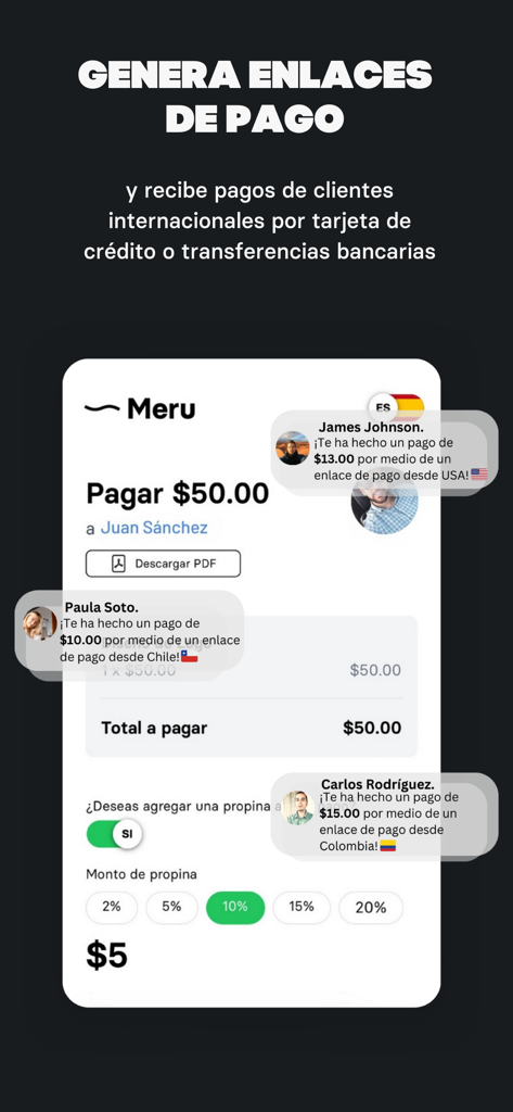 Meru | Cuenta en dólares - Meru app screen showing how to generate payment links and receive international USD payments from global clients