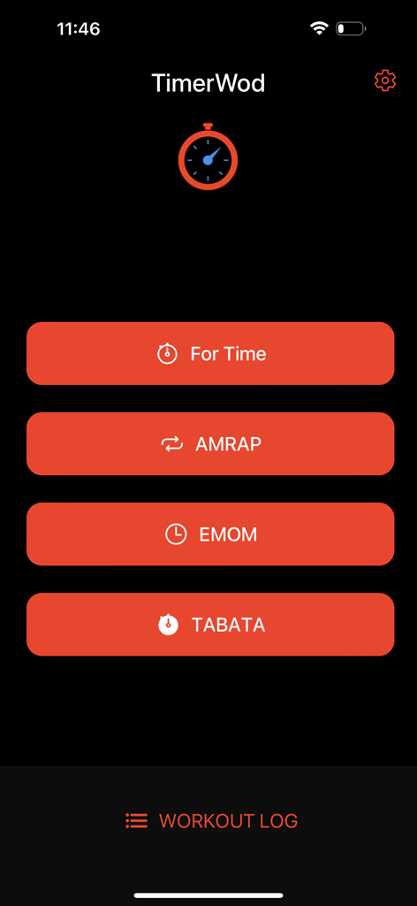 TimerWOD - Workout Timer - Main screen of TimerWOD app displaying buttons for AMRAP EMOM and Tabata timers