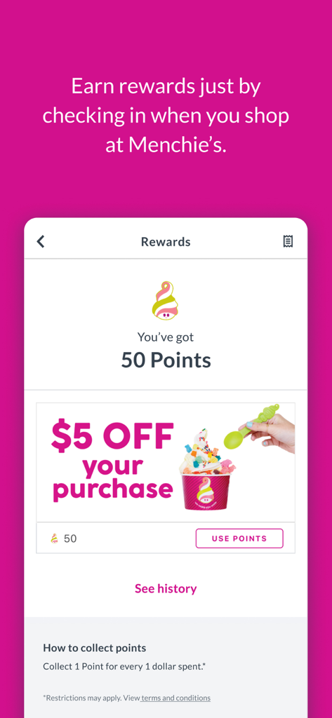Menchie's mobile app screen showing 50 reward points and a 5 dollar discount offer