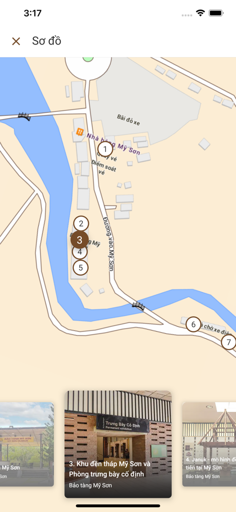 번호가 매겨진 관심 지점 및 이미지 갤러리가 있는 미선 유적 지도 보기