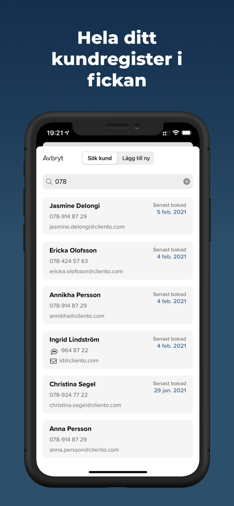 Cliento - Smartare bokningar - Schermata dello smartphone che mostra il registro clienti dell'app Cliento con un elenco di clienti e le date delle loro ultime prenotazioni.