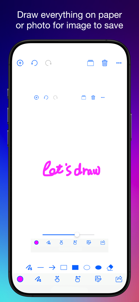 Drawing Desk app interface on a smartphone showing drawing tools and a blank canvas with Let's draw text