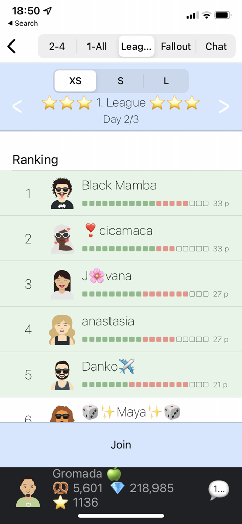 Yamb - Leaderboard screen showing player rankings in the Yamb league competition