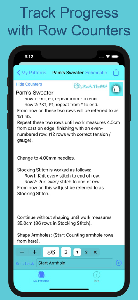 KnitsThatFit Sweaters Premium - Knitting pattern instructions with an integrated digital row counter