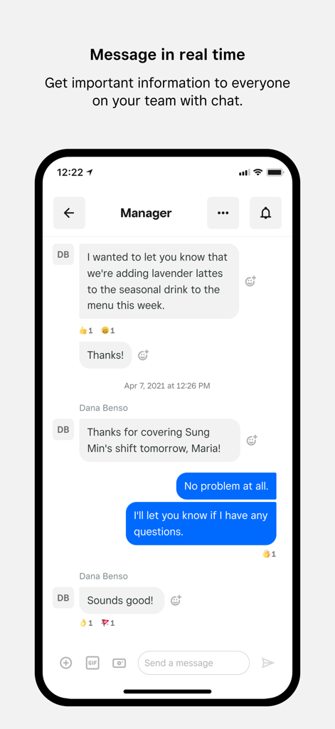Square Team app interface showing real-time chat between a manager and employee about work updates