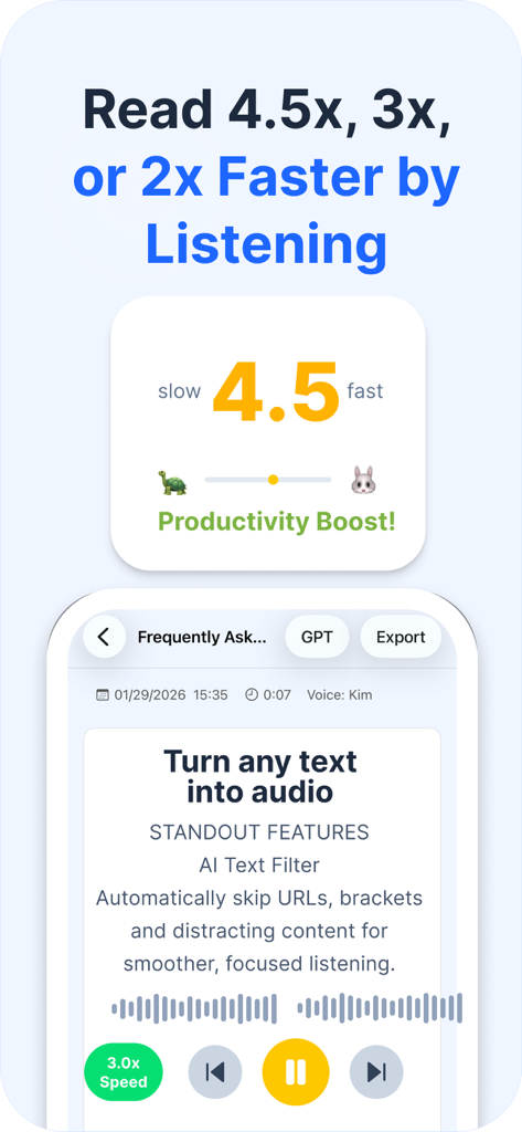 AI Voice TTS – Text to Speech - Die Benutzeroberfläche der AI Voice TTS App zeigt die Geschwindigkeitssteuerung mit 4,5-facher Geschwindigkeit und die Umwandlung von Text in Audio für schnelleres Lesen