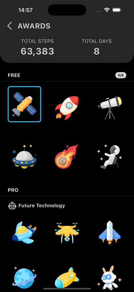 Steps: Daily Pedometer App - Steps app awards screen displaying total steps count and space-themed digital achievement badges