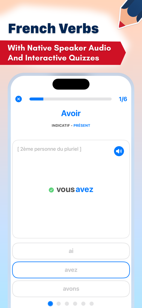 Interactive quiz interface in the Conjuga app showing the present tense conjugation of the French verb Avoir