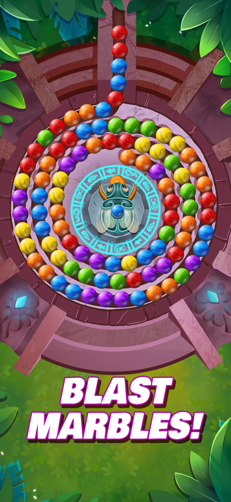 Jugabilidad del juego de disparos de canicas Viola's Quest que muestra canicas de colores en espiral alrededor de un escarabajo lanzador