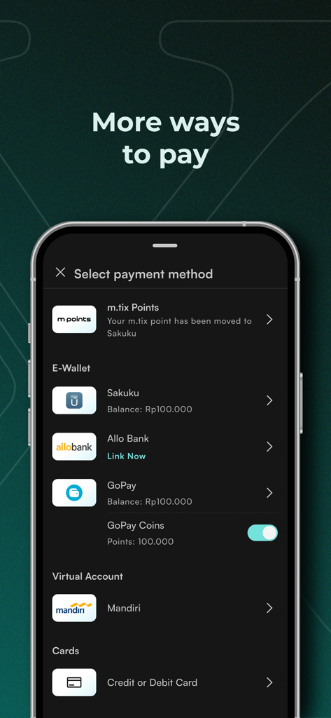 Mobile screen of the m.tix app showing various payment options including e-wallets, virtual accounts, and credit cards.