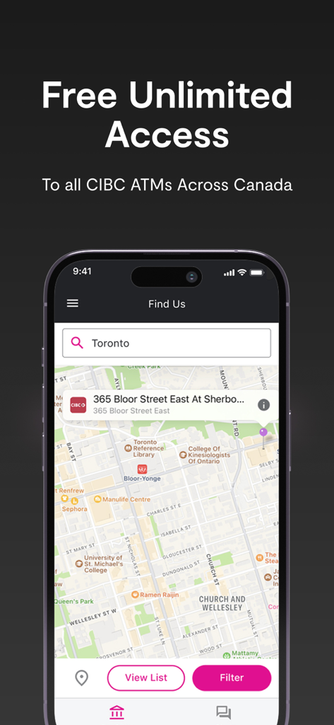 Simplii Financial - Simplii Financial Mobile App mit einer Kartenoberfläche zum Finden kostenloser CIBC-Geldautomatenstandorte in Kanada