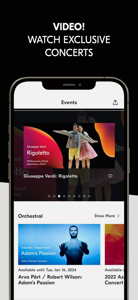 IDAGIO Stream Classical Music - Interface of the IDAGIO app featuring exclusive classical music concert videos and orchestral performances
