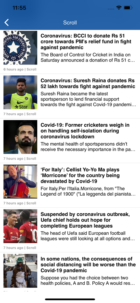 Bite-sized news feed in the Breaking News India app showing summarized headlines about sports and current events