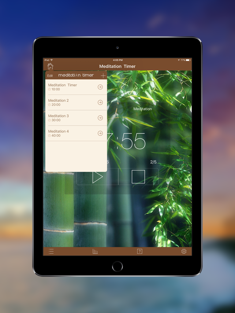 Meditation Timer Pro for iPad interface displaying a list of customizable meditation sessions over a bamboo background.