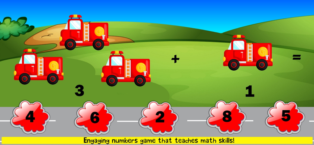 A fire truck themed math game for children showing a 3 plus 1 addition problem with multiple choice answers