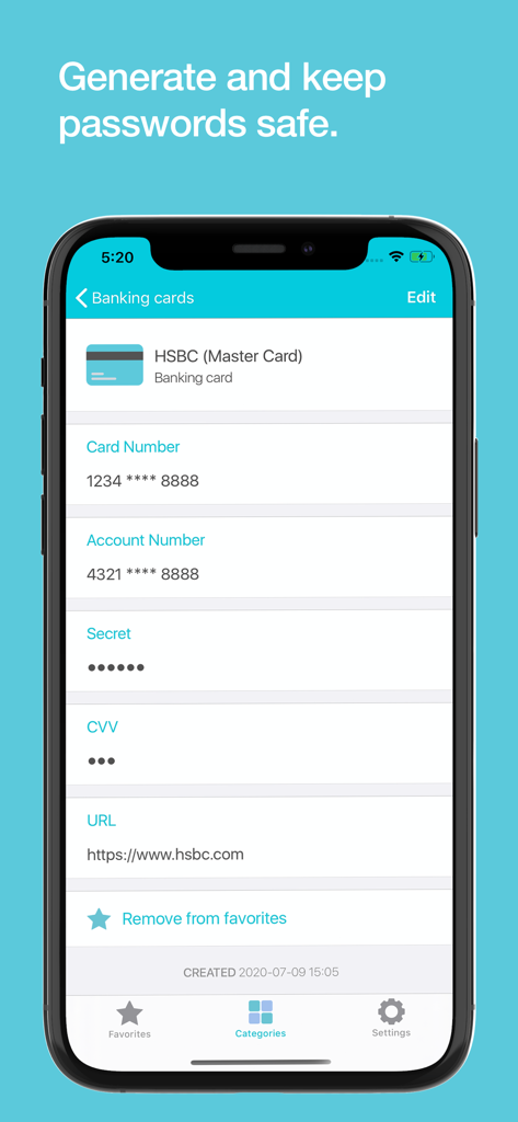8Password - Password Manager - 8Password app screen showing stored banking card information with masked numbers for security